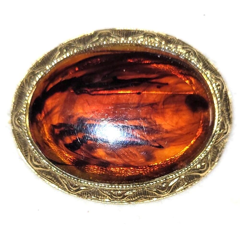 Vintage Faux Amber Tortoiseshell Cabochon Brooch Gold Tone Oval Pin Mid Century